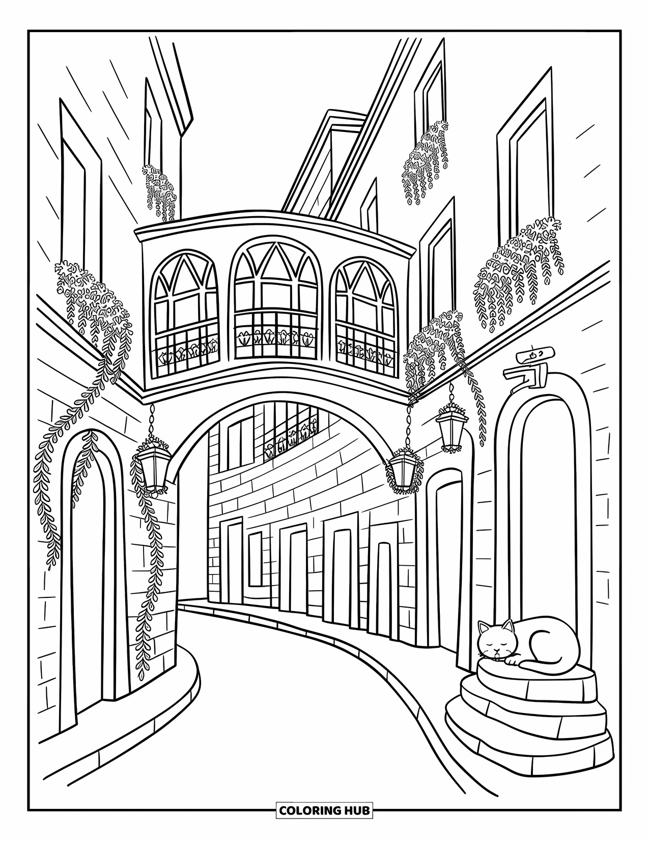 Barcelona Coloring Page for Adults: Arched bridge connects flower-filled buildings along a peaceful stone street with ivy and a cat