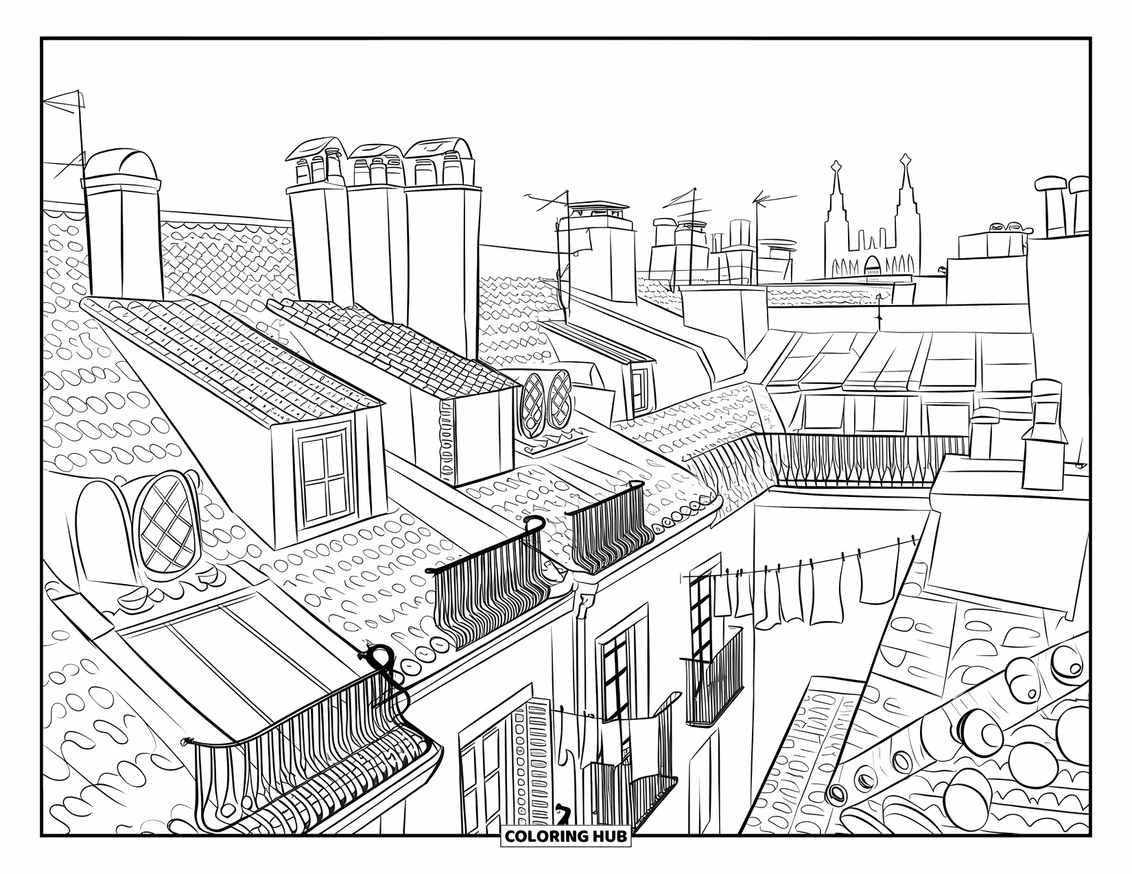 Barcelona Coloring Page for Adults: Barcelona rooftops with laundry lines, balconies, and cathedral spires fill this cozy city view
