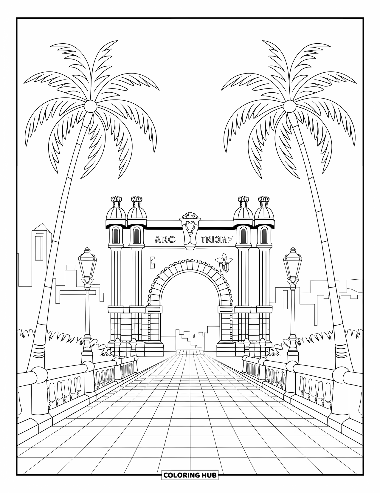 Barcelona Coloring Page for Adults: Barcelona's Arc de Triomf stands tall with lanterns, walkways, and lined palm trees