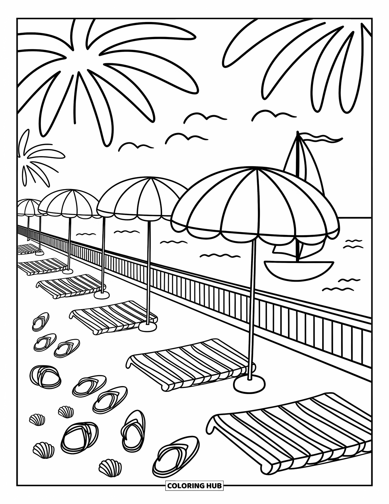 Barcelona Coloring Page for Adults: Beach umbrellas, flip-flops, and cozy towels create a relaxing seaside moment