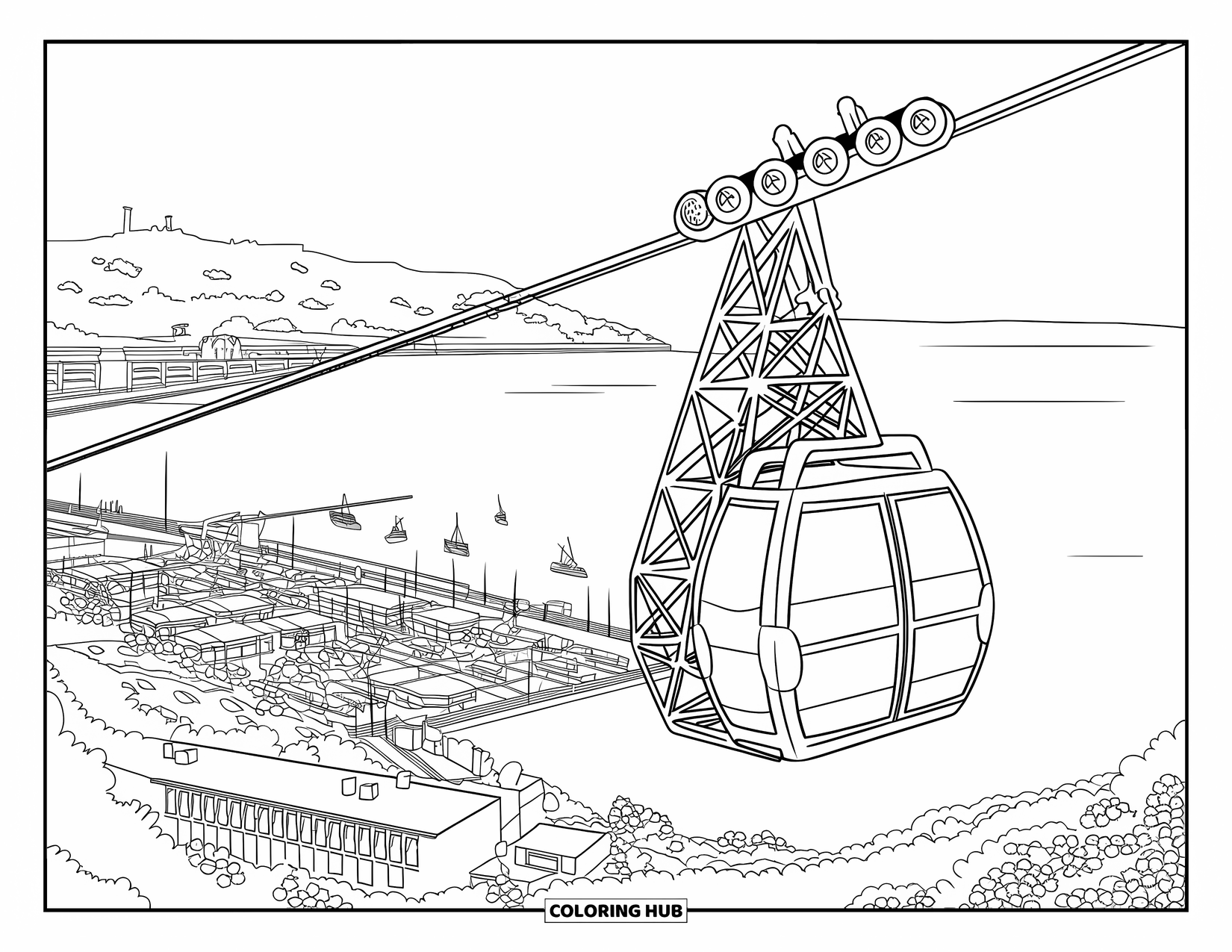 Barcelona Coloring Page for Adults: Cable car hovers over port views, cranes, and greenery on the Montjuïc hillside