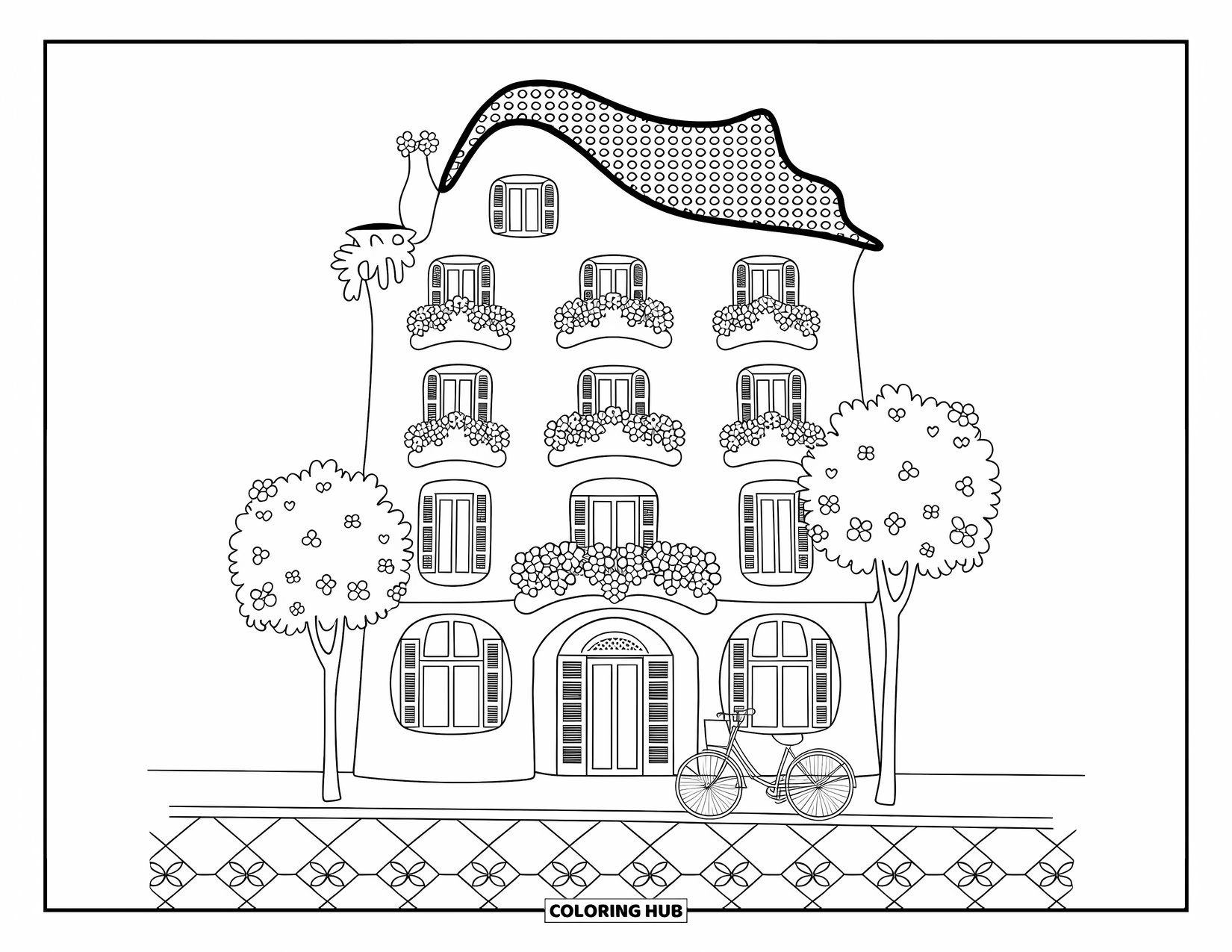 Barcelona Coloring Page for Adults: Casa BatllÛ reimagined with cute swirls, flowers, and a bicycle under soft afternoon light