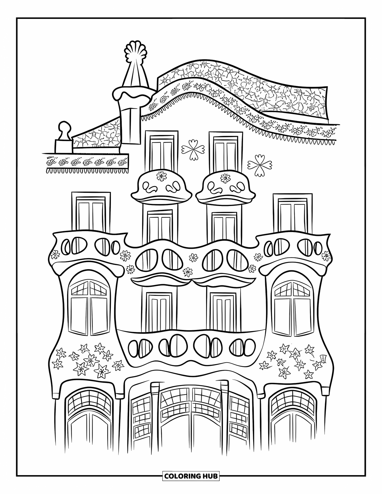 Barcelona Coloring Page for Adults: Casa Batlló's dreamy facade with floral tiles, curved balconies, and wavy rooftops