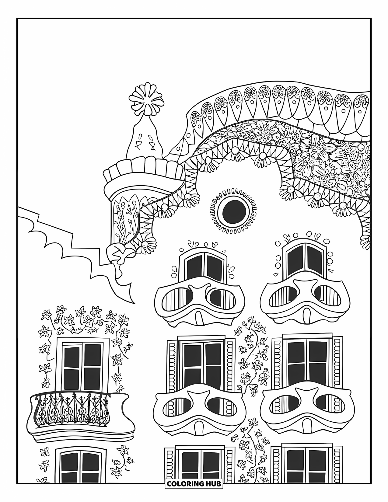 Barcelona Coloring Page for Adults: Casa Batlló's sculpted windows and mask-shaped balconies make this view truly unique
