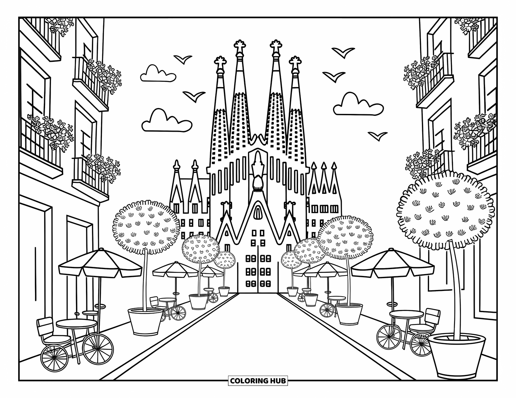 Barcelona Coloring Page for Adults: Charming cafÈs and birds surround the iconic basilica in a warm and cozy street scene