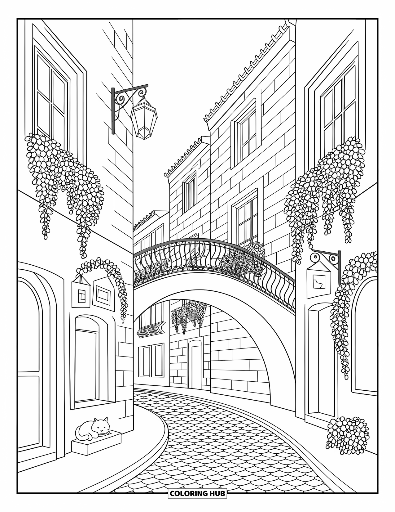 Barcelona Coloring Page for Adults: Charming stone street with lanterns, Gothic windows, and a curled-up cat