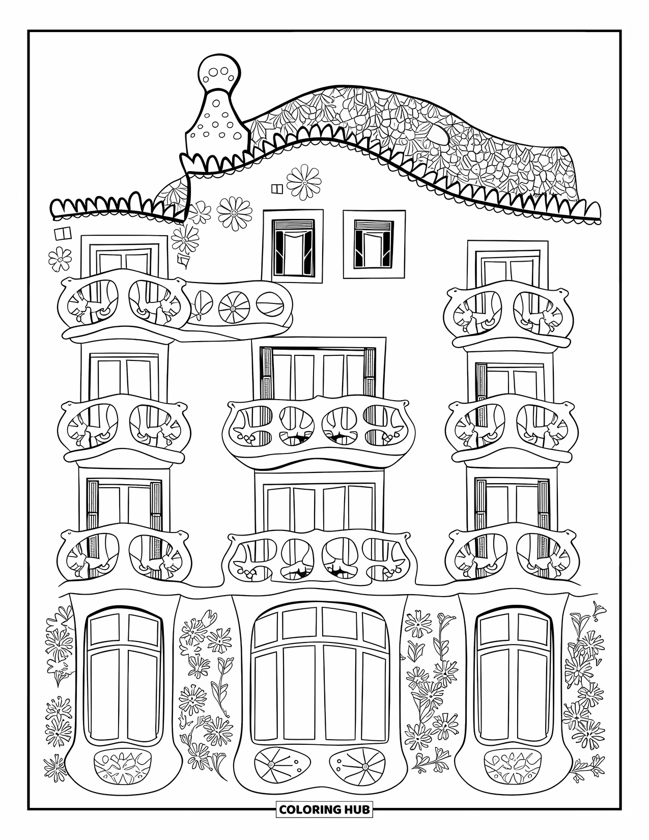 Barcelona Coloring Page for Adults: Curved roof and whimsical balconies decorate the surreal exterior of Casa Batlló