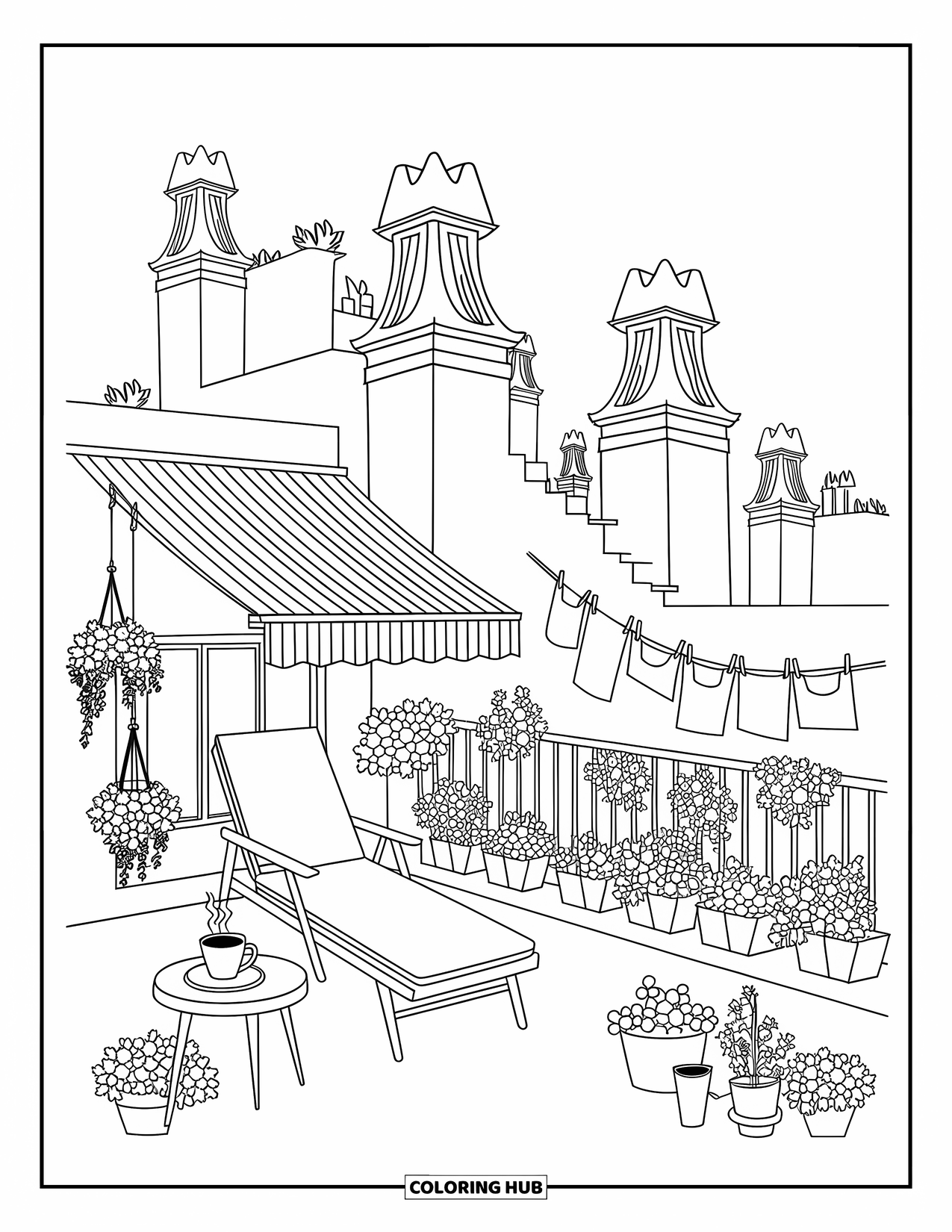 Barcelona Coloring Page for Adults: Cute Barcelona rooftop terrace with lounge chair, coffee, and GaudÌ-style chimneys