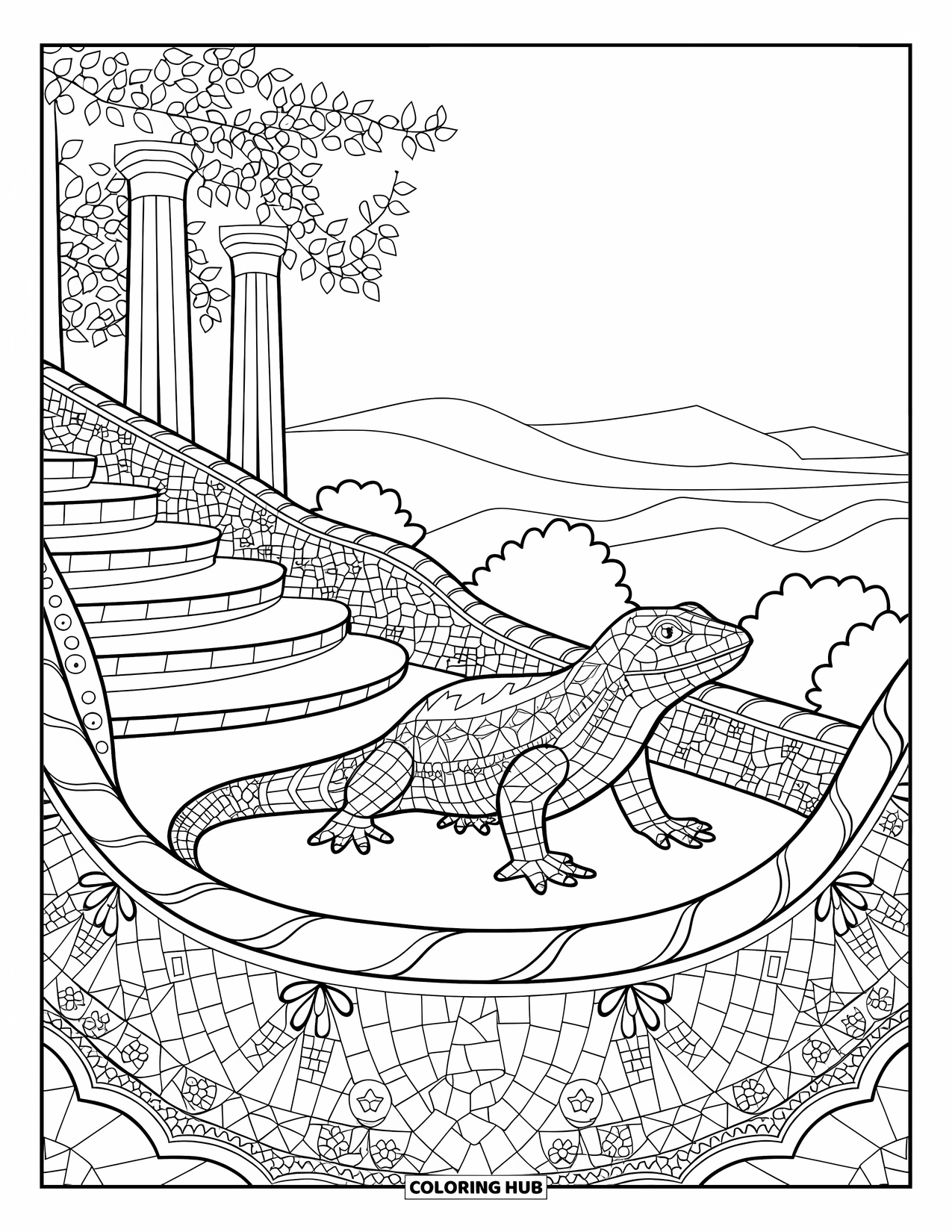 Barcelona Coloring Page for Adults: El Drac lizard at Park Güell framed by columns, stairs, and gentle trees