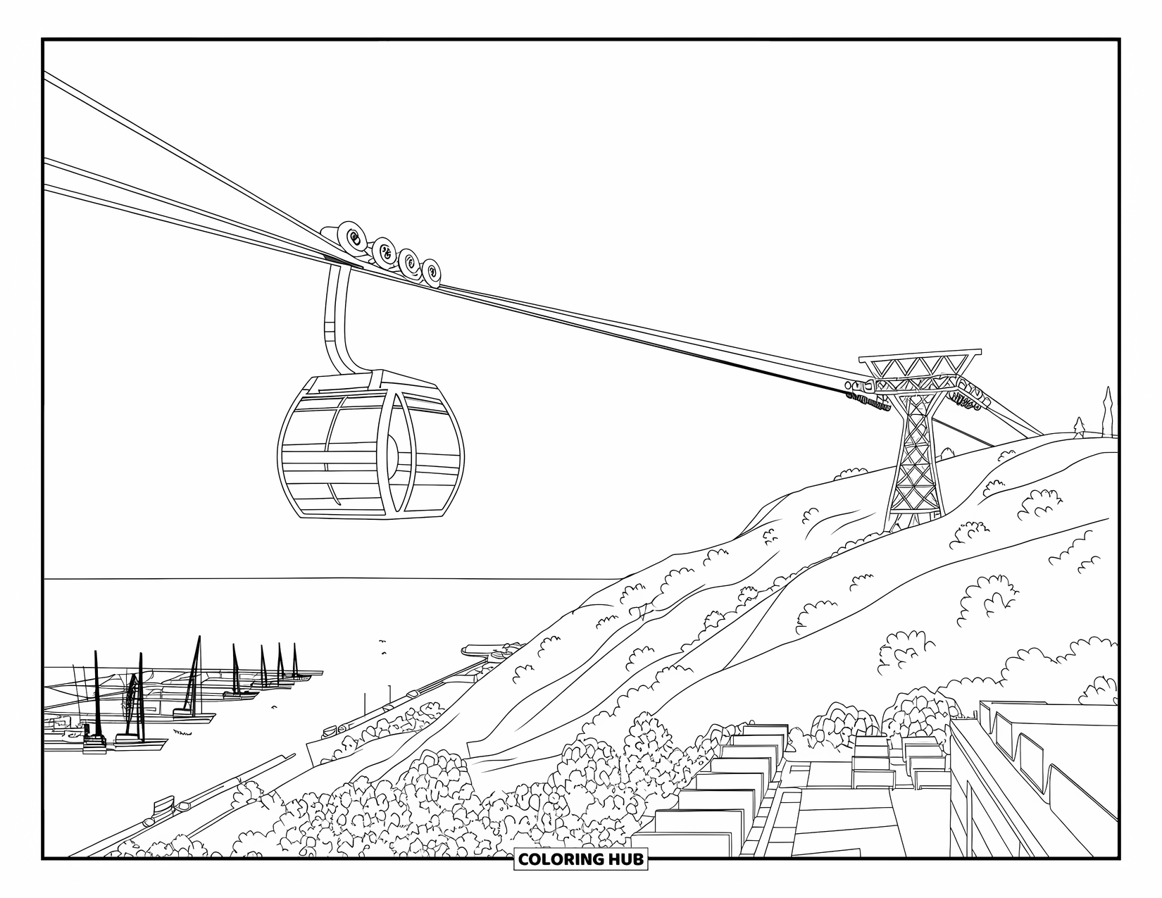 Barcelona Coloring Page for Adults: Empty cable car travels high over Montjuïc with cranes and ships far below