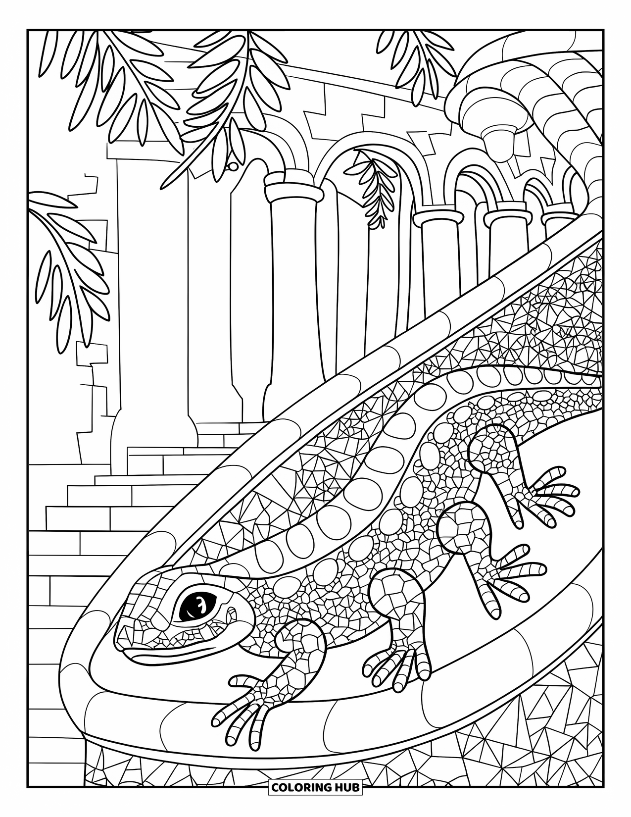 Barcelona Coloring Page for Adults: Iconic lizard sits at Park Güell with mosaics, columns, and tropical trees nearby