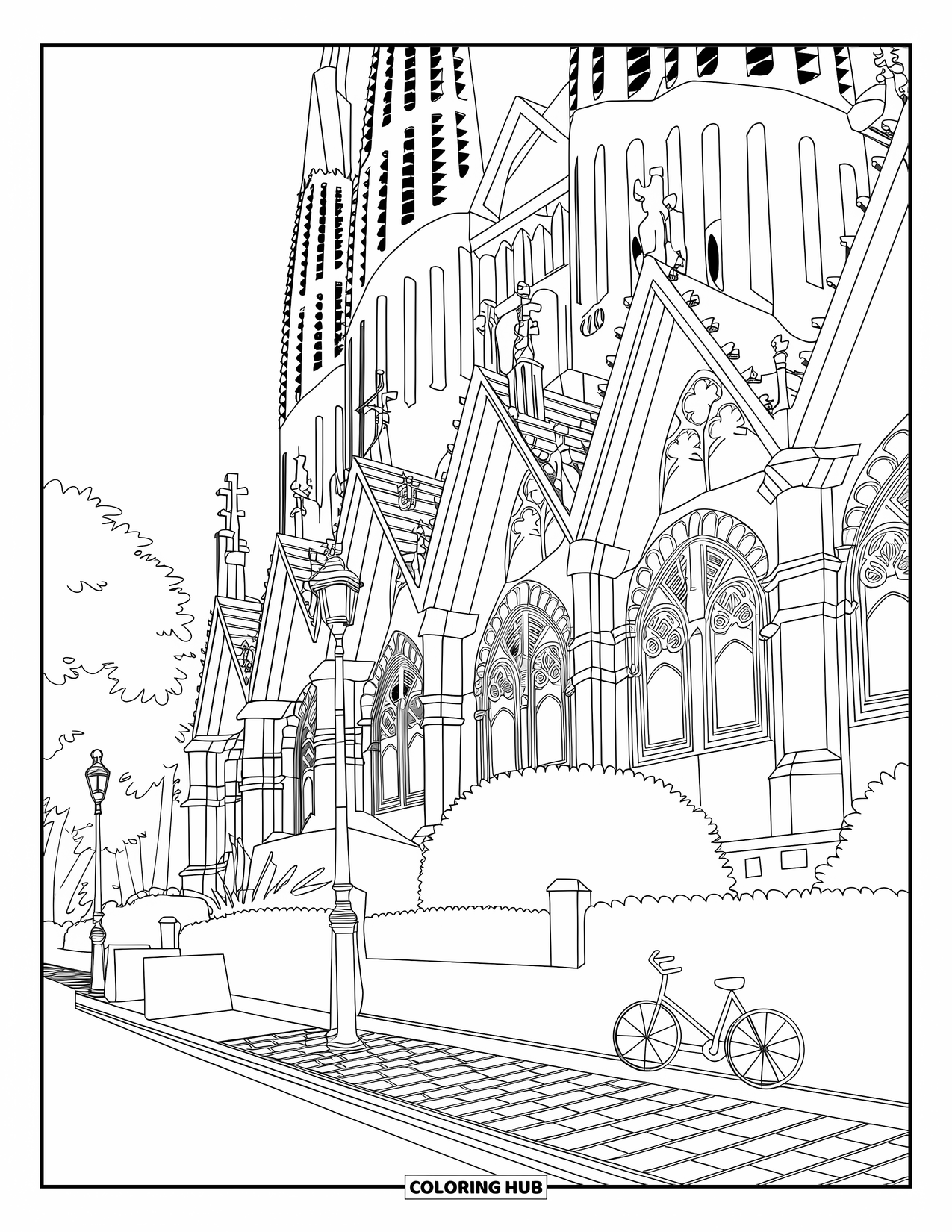 Barcelona Coloring Page for Adults: Ornate Sagrada Família with cobbled path, bicycle, lanterns, and hedge-lined entry