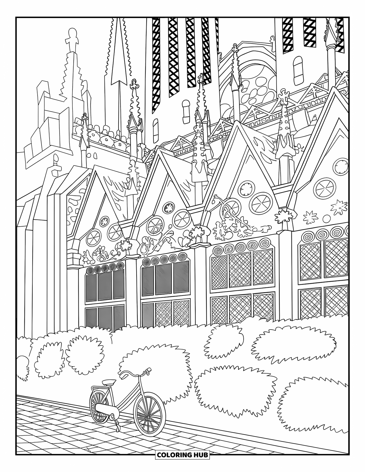 Barcelona Coloring Page for Adults: Sagrada Família's grand spires and arches rise above cobblestones, bike, and lanterns