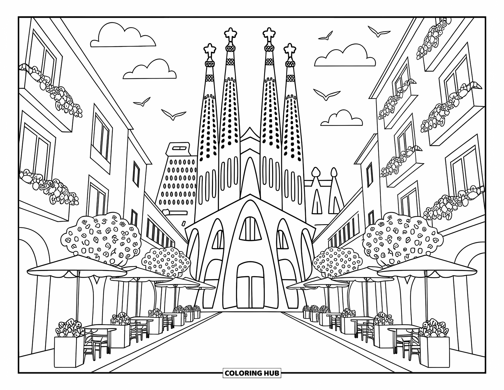 Barcelona Coloring Page for Adults: Simplified Sagrada FamÌlia stands proudly with flowered balconies and cobbled streets around it