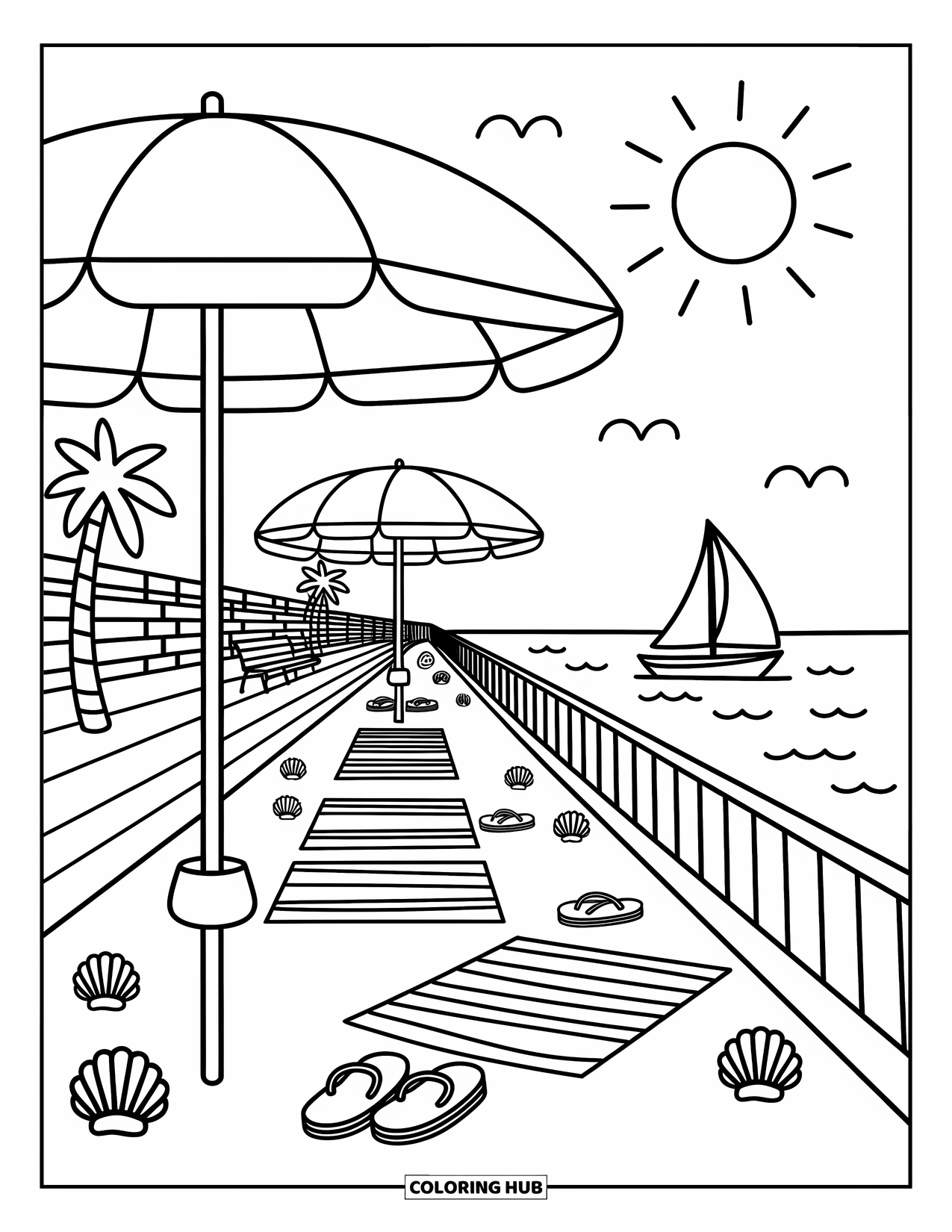 Barcelona Coloring Page for Adults: Sunny beach view with palm trees, cozy towels, and sandals in the sand