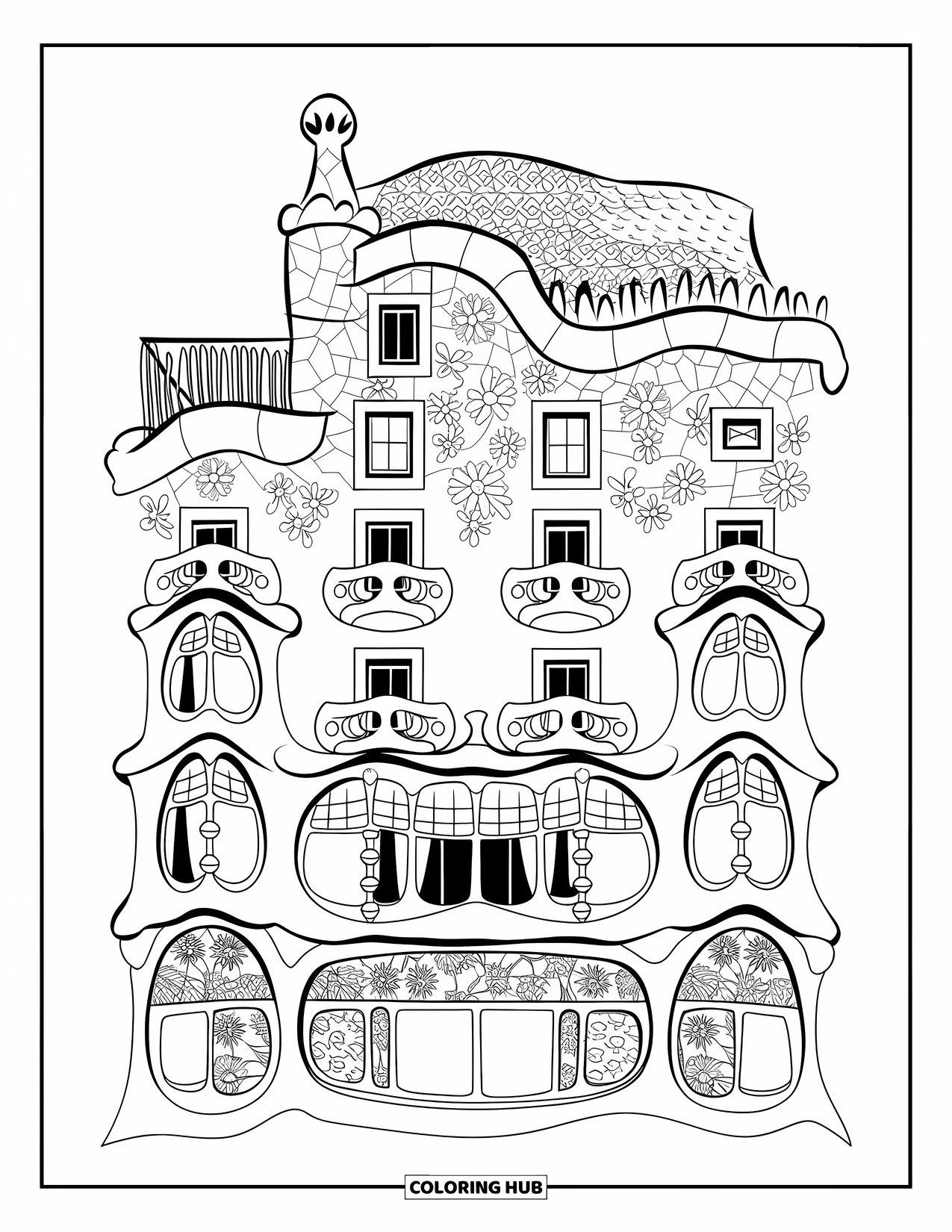 Barcelona Coloring Page for Adults: Wavy roof and floral tiles adorn the artistic design of Casa Batlló