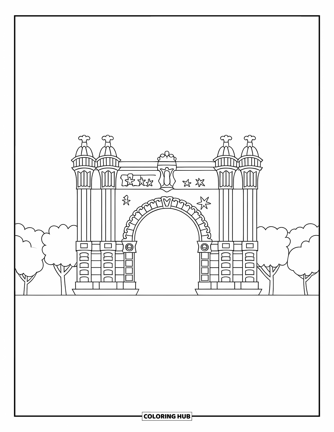 Barcelona Coloring Page for Kids: Barcelona's Arc de Triomf with trees and bold, simple lines