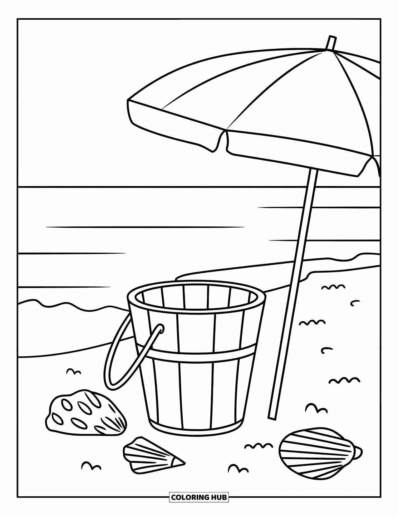 Barcelona Coloring Page for Kids: Beach scene with umbrella, bucket, and seashells beside the calm sea