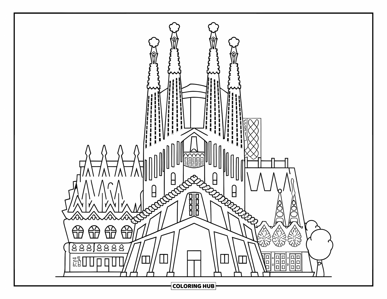 Barcelona Coloring Page for Kids: Boldly outlined Sagrada Família drawn for fun, easy coloring