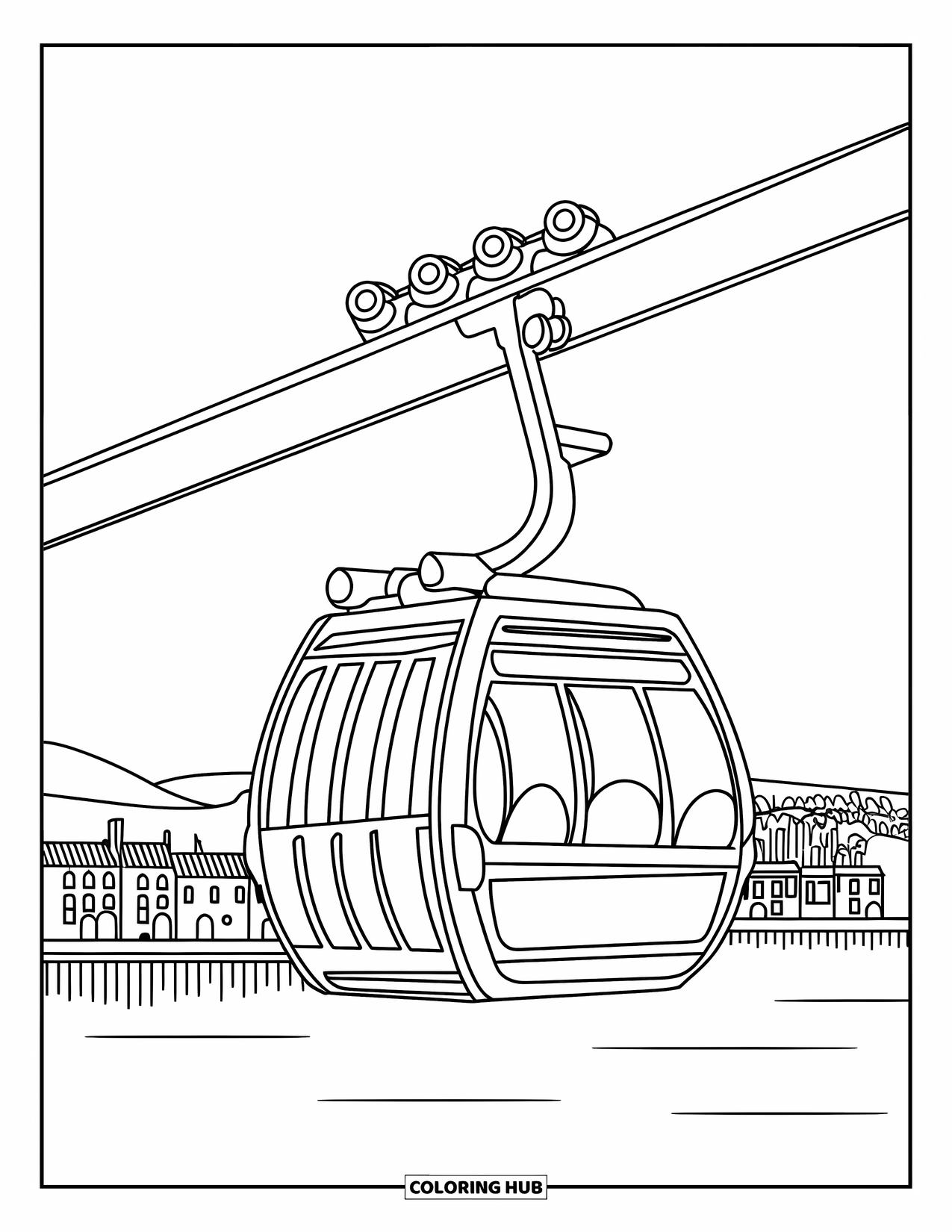 Barcelona Coloring Page for Kids: Cable car floats above harbor with red-roof buildings below
