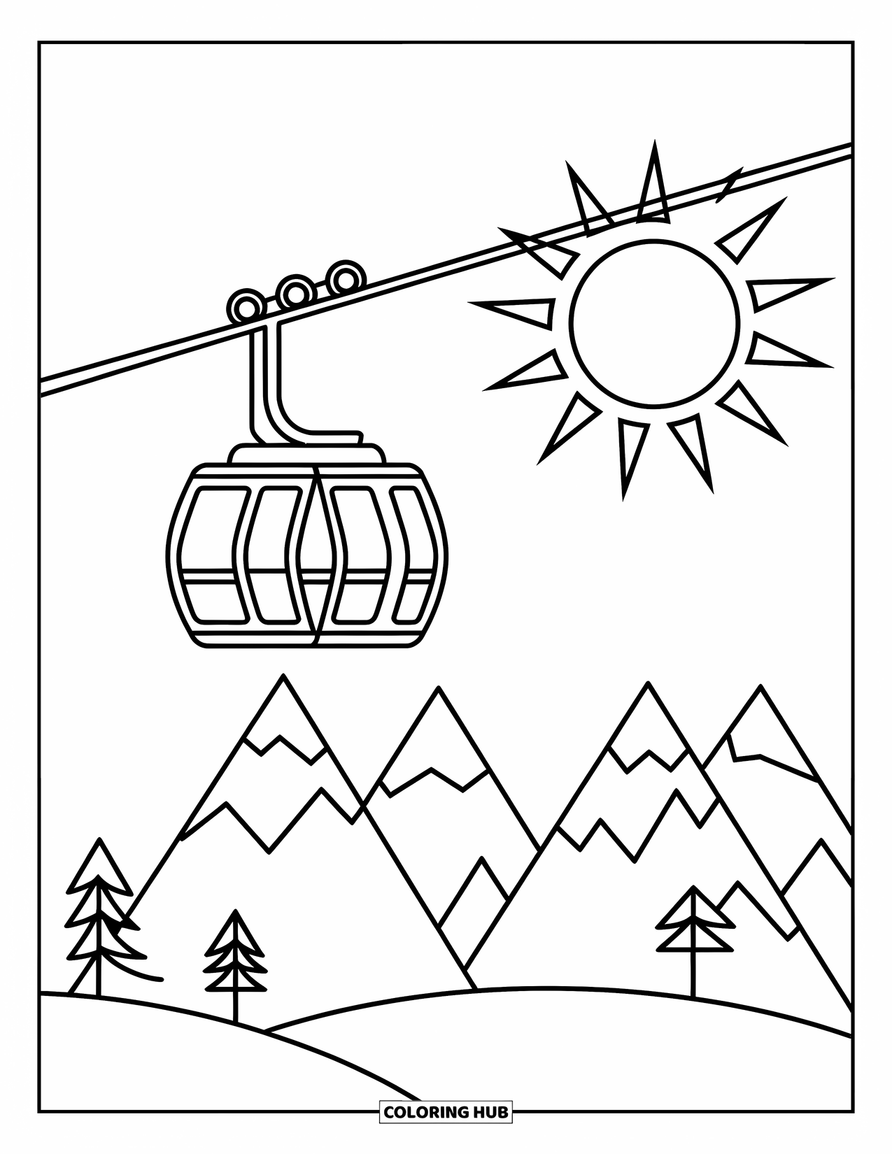 Barcelona Coloring Page for Kids: Cable car travels over hills with trees and a shining sun