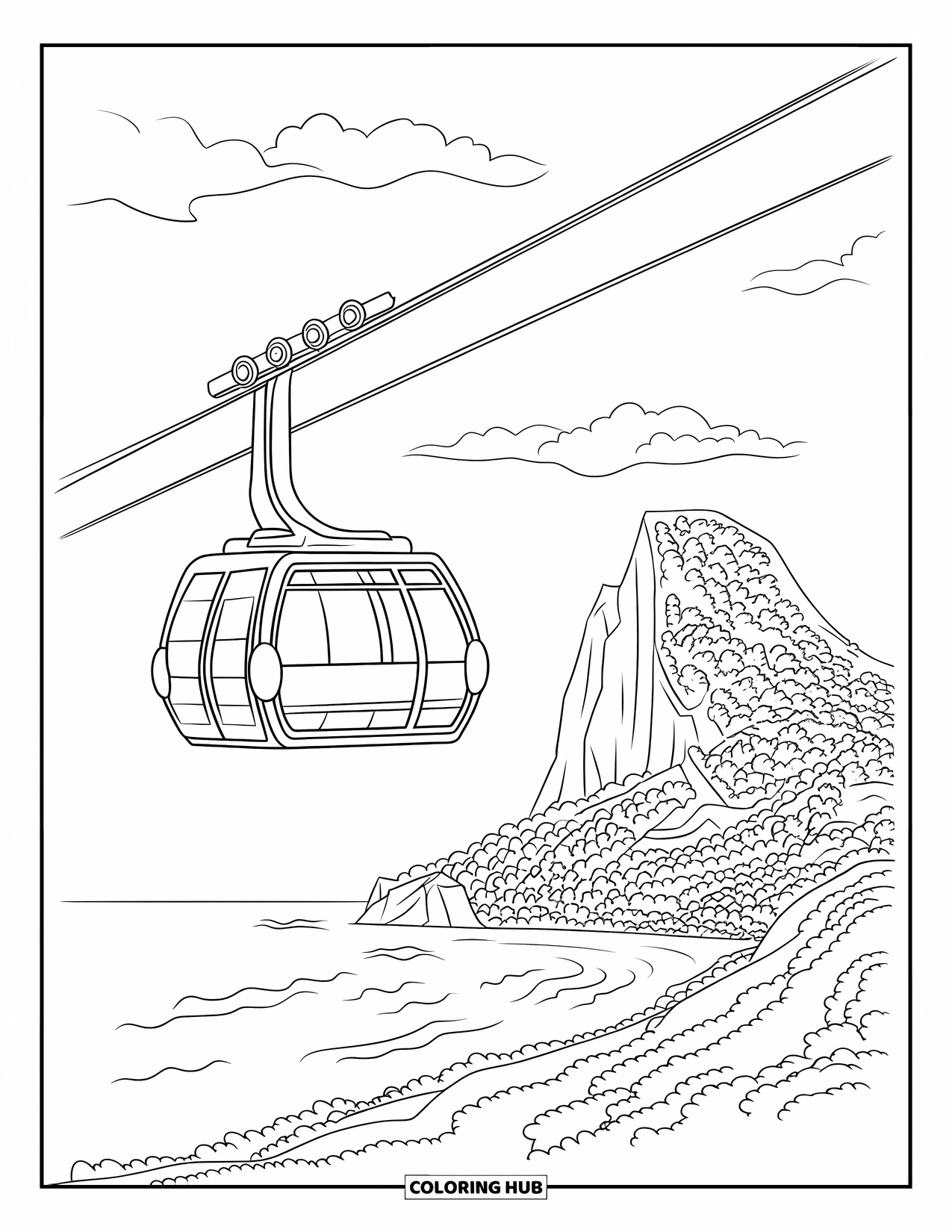 Barcelona Coloring Page for Kids: Cable cars soar above Montjuïc with sea and mountains below