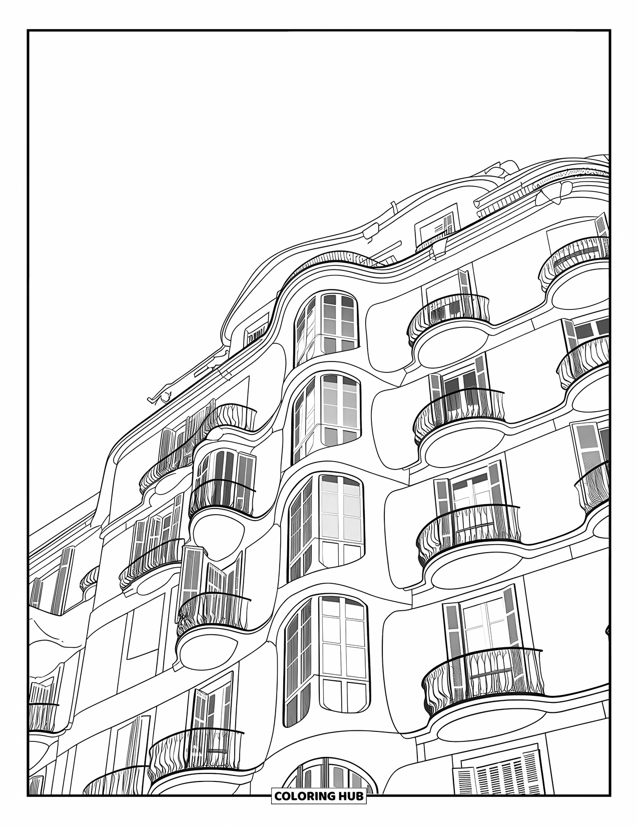 Barcelona Coloring Page for Kids: Casa Milà's flowing shapes and stone details reflect city charm