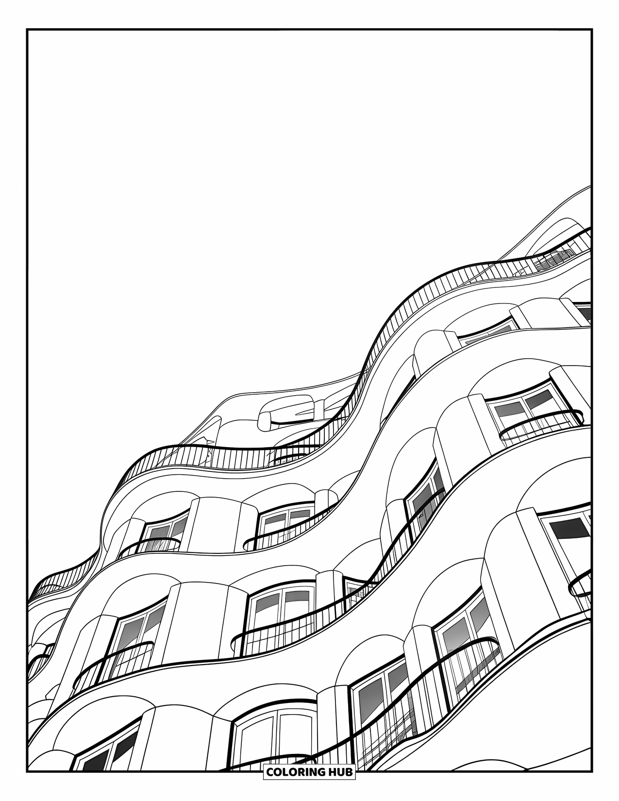 Barcelona Coloring Page for Kids: Casa Milà's wavy windows and balconies curve with expressive design