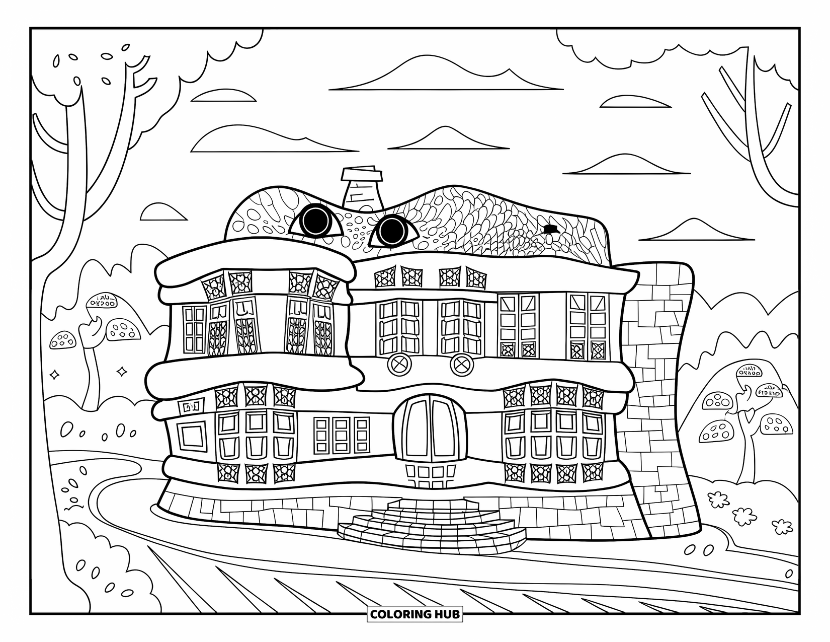 Barcelona Coloring Page for Kids: Curved house roof and trees in a peaceful mountain setting