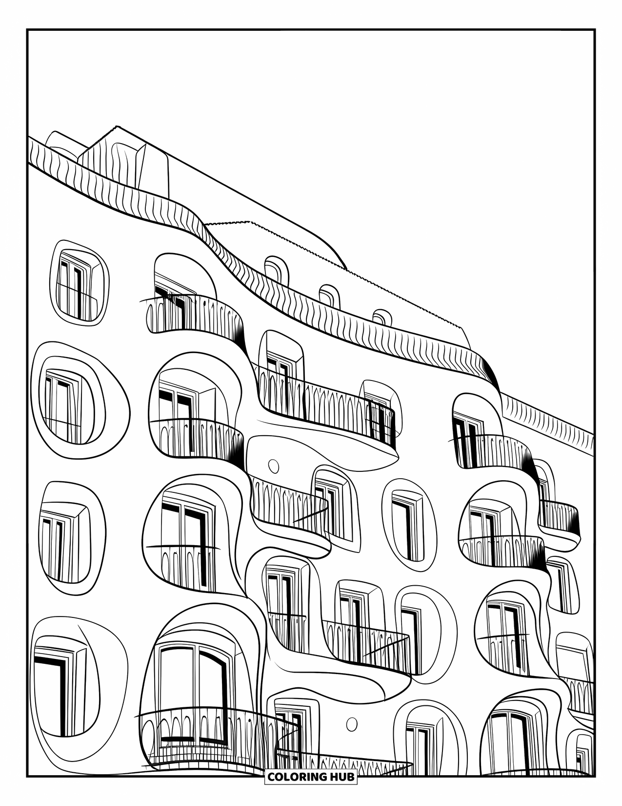 Barcelona Coloring Page for Kids: Curvy windows and balconies define Casa Milà's playful architecture