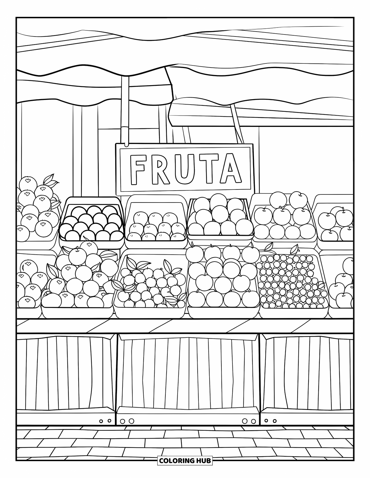 Barcelona Coloring Page for Kids: "Fruta" sign hangs above piled fruit in a cobblestone street