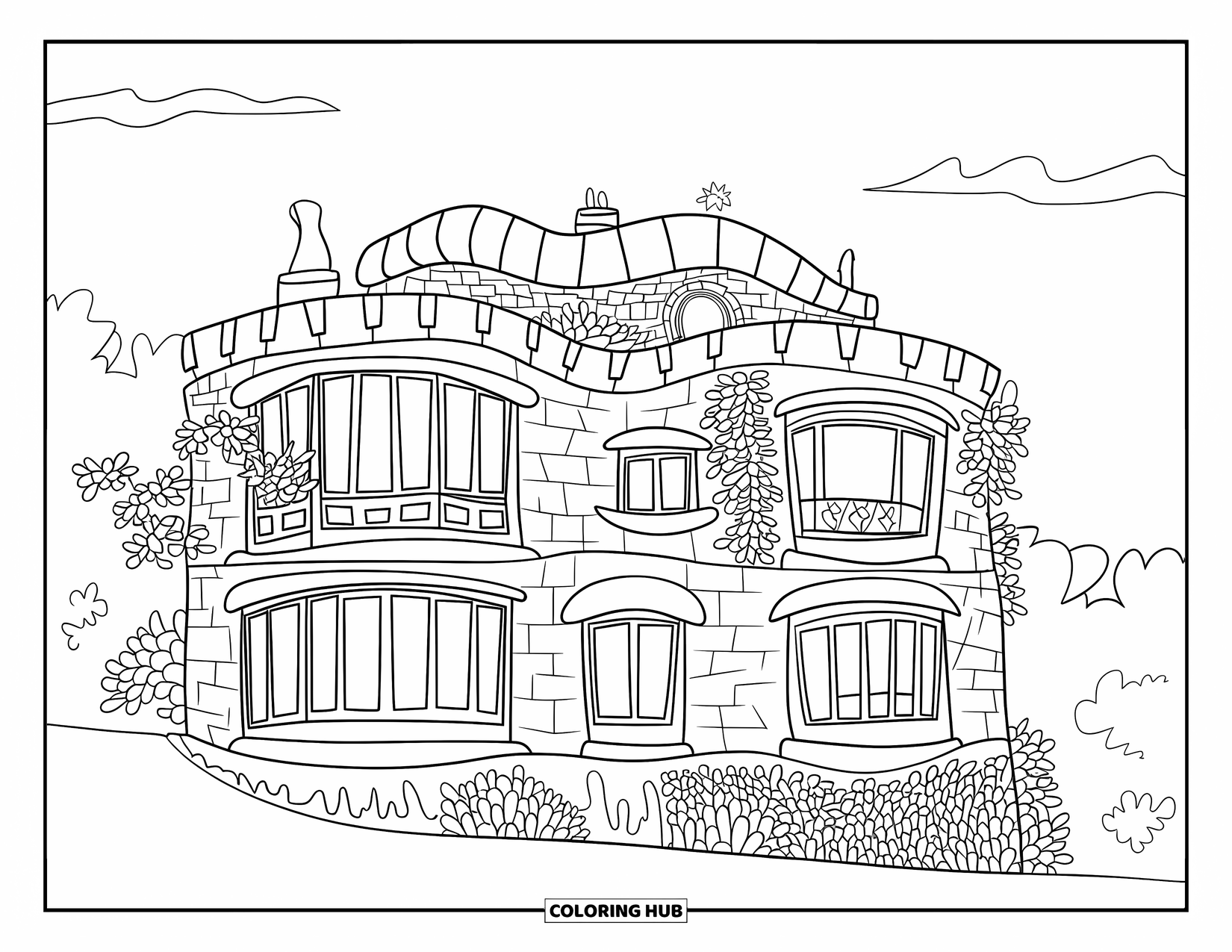 Barcelona Coloring Page for Kids: Gaudí-style home with wavy windows and plants on its stone walls