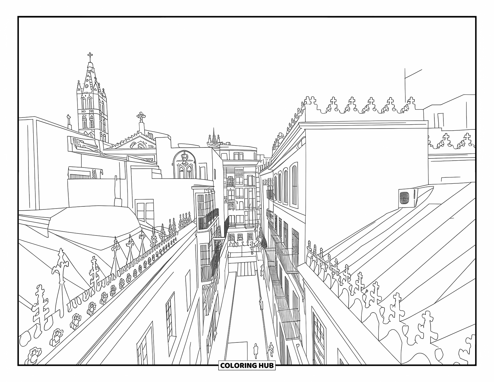 Barcelona Coloring Page for Kids: Gothic buildings and narrow streets filled with pedestrians and charm