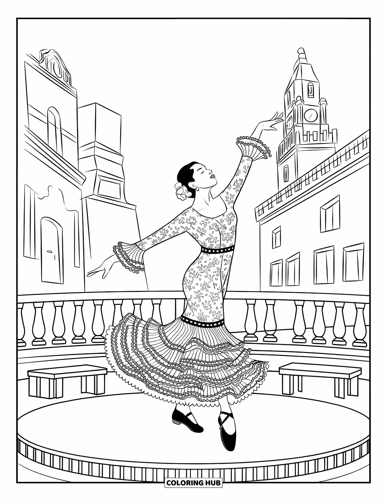 Barcelona Coloring Page for Kids: Graceful flamenco dancer twirls beside benches and a distant tower