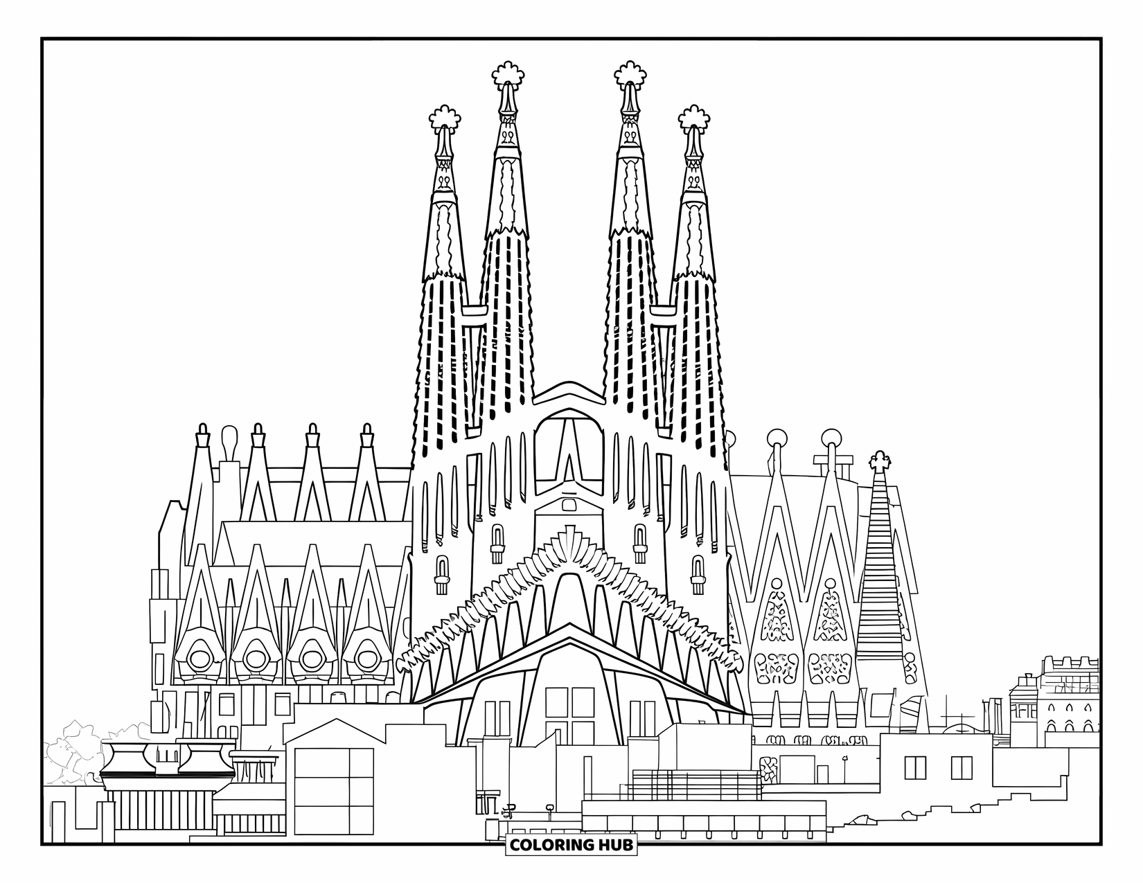 Barcelona Coloring Page for Kids: Iconic Sagrada Família framed by rooftops and bold architectural lines