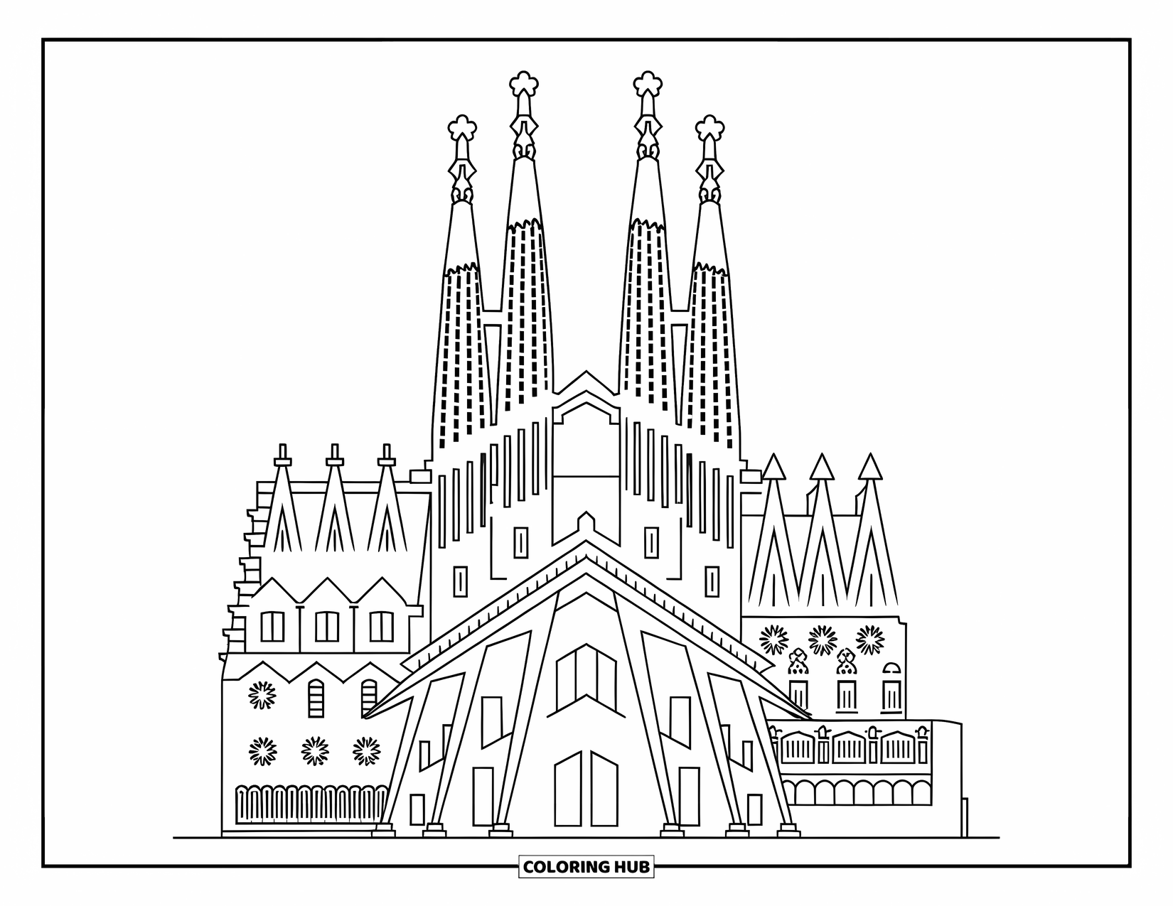Barcelona Coloring Page for Kids: Iconic Sagrada Família ready for coloring with clean, simple details