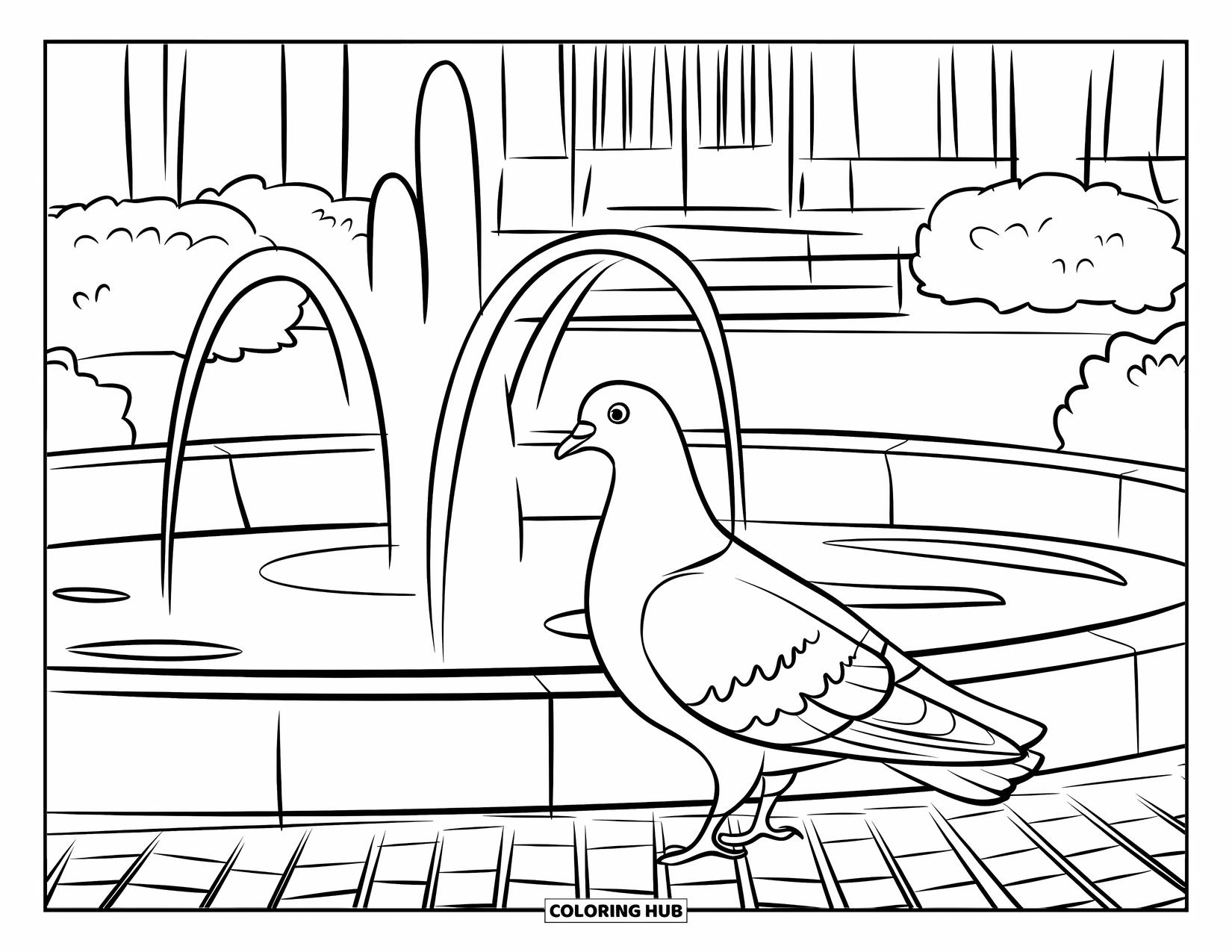 Barcelona Coloring Page for Kids: Jet-less fountain and pigeon in Plaça Catalunya with arched buildings behind