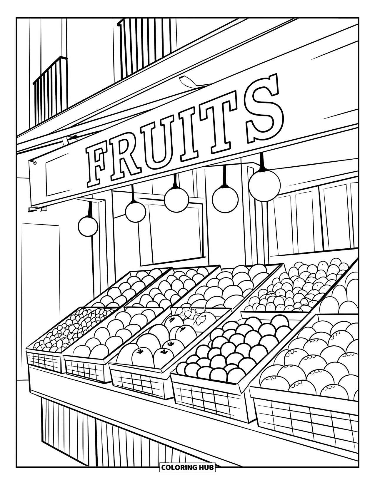 Barcelona Coloring Page for Kids: La Boqueria fruit stall bursts with oranges, apples, and bananas