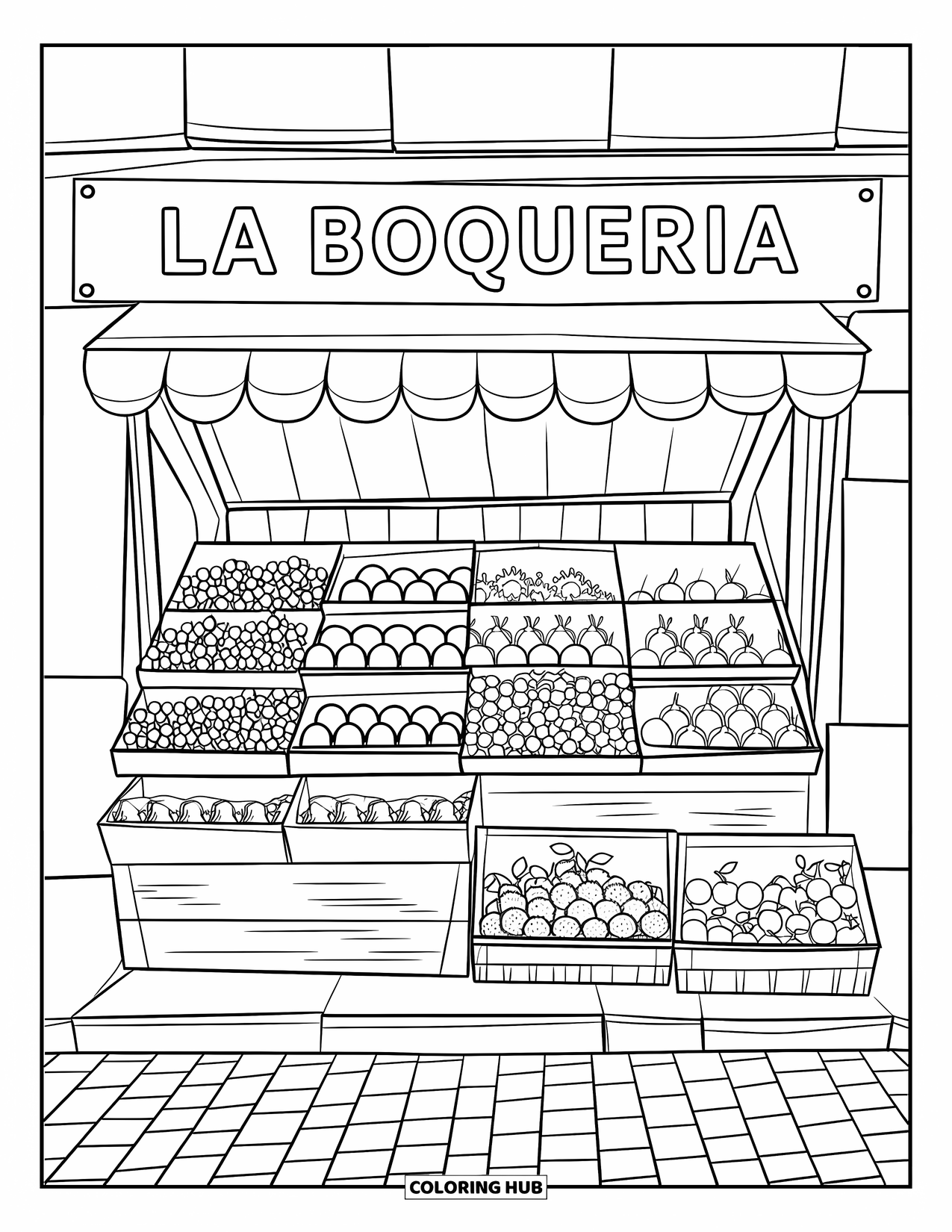 Barcelona Coloring Page for Kids: Market fruit stand filled with grapes, oranges, and baskets