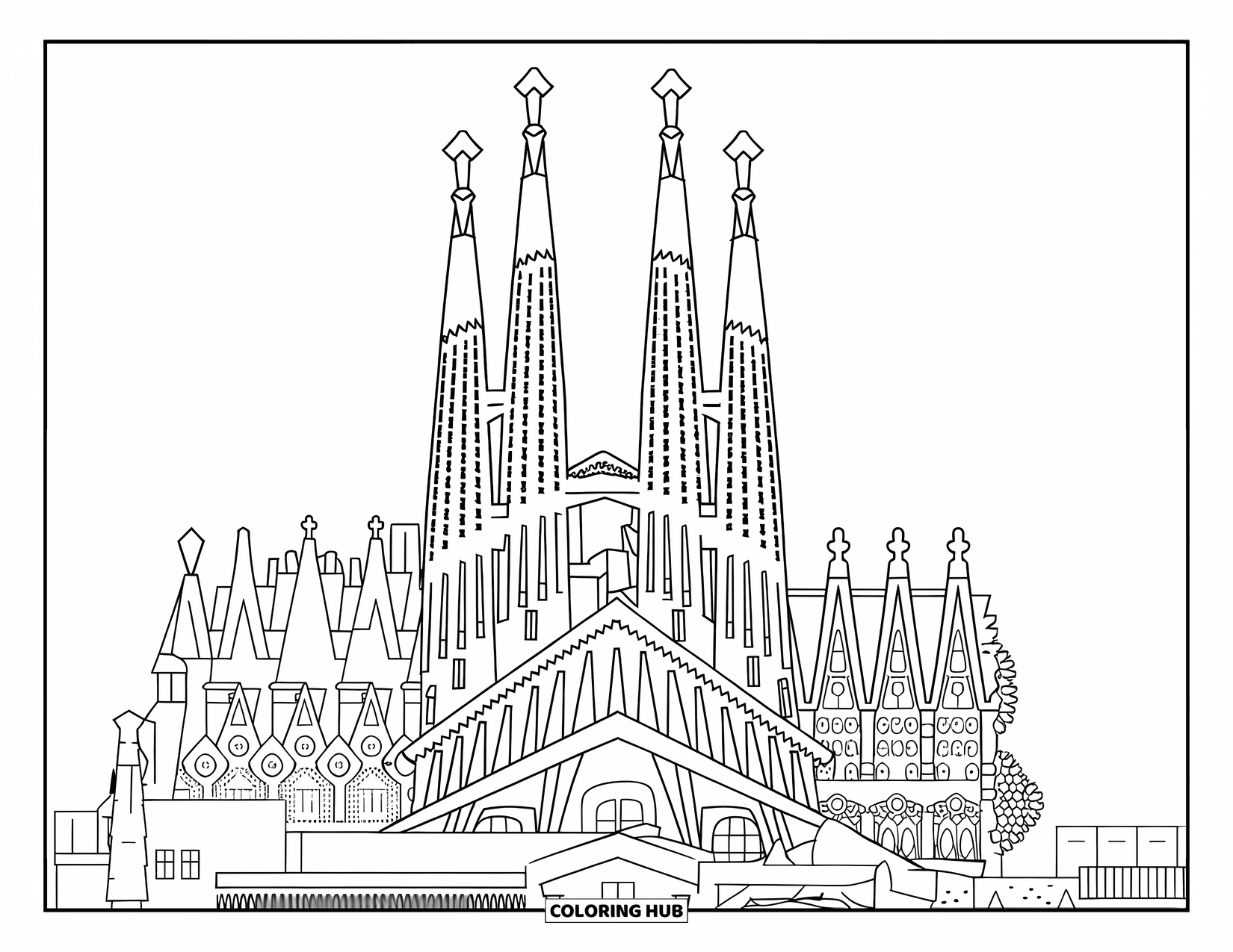 Barcelona Coloring Page for Kids: Modern view of Sagrada Família peeking over a dynamic city skyline