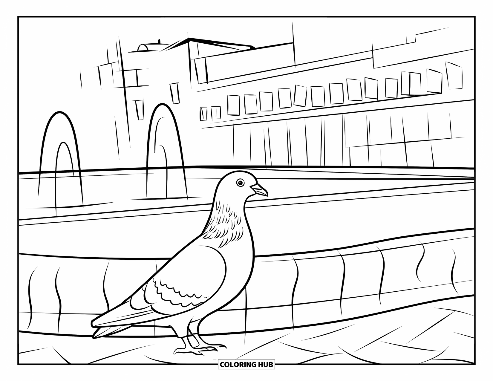 Barcelona Coloring Page for Kids: Pigeon at the fountain surrounded by cobblestones and bushes