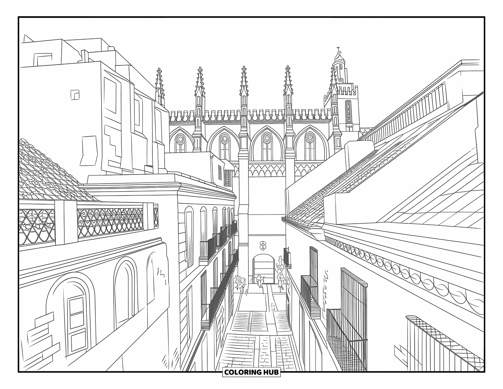 Barcelona Coloring Page for Kids: Pointed arches, cobblestones, and a cathedral tower above a bustling Gothic street