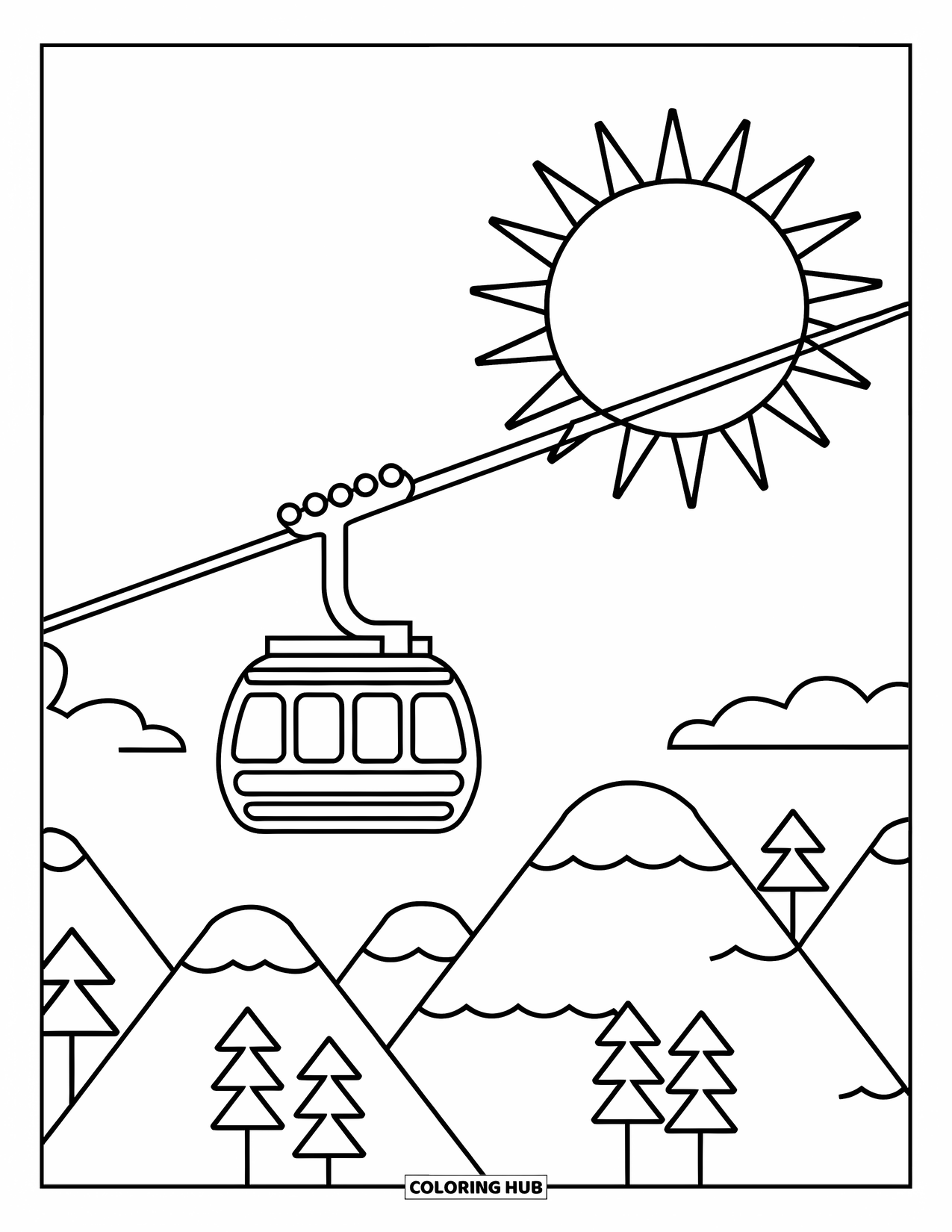 Barcelona Coloring Page for Kids: Preschool-friendly scene of cable car, round hills, and sunny sky