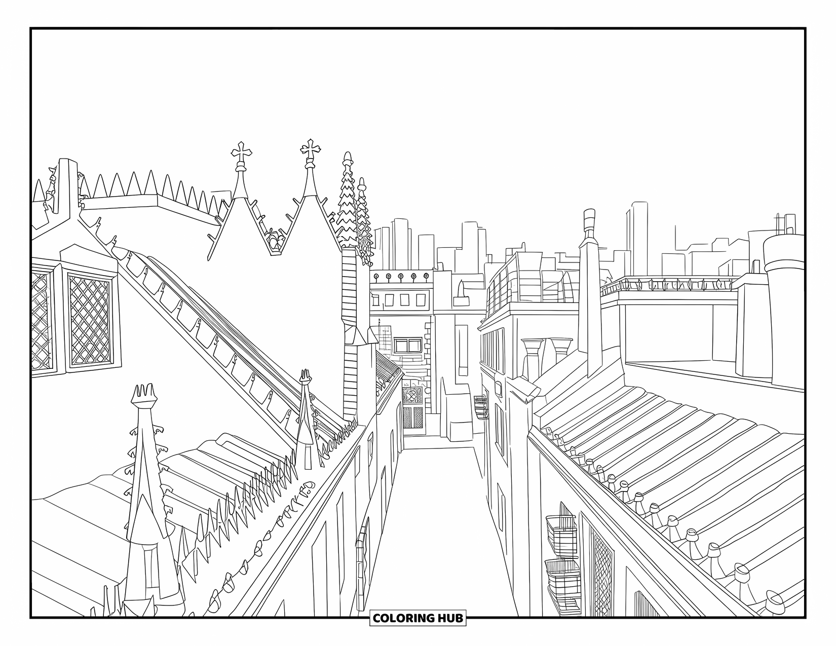 Barcelona Coloring Page for Kids: Rooftop view reveals Gothic arches, trees, and modern skyline buildings