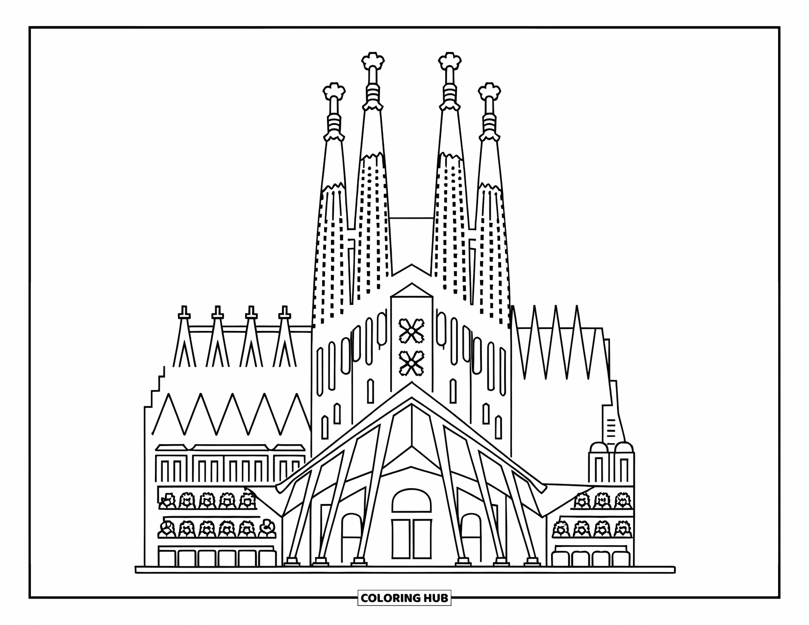 Barcelona Coloring Page for Kids: Sagrada Família's spires and windows drawn with bold, simple outlines