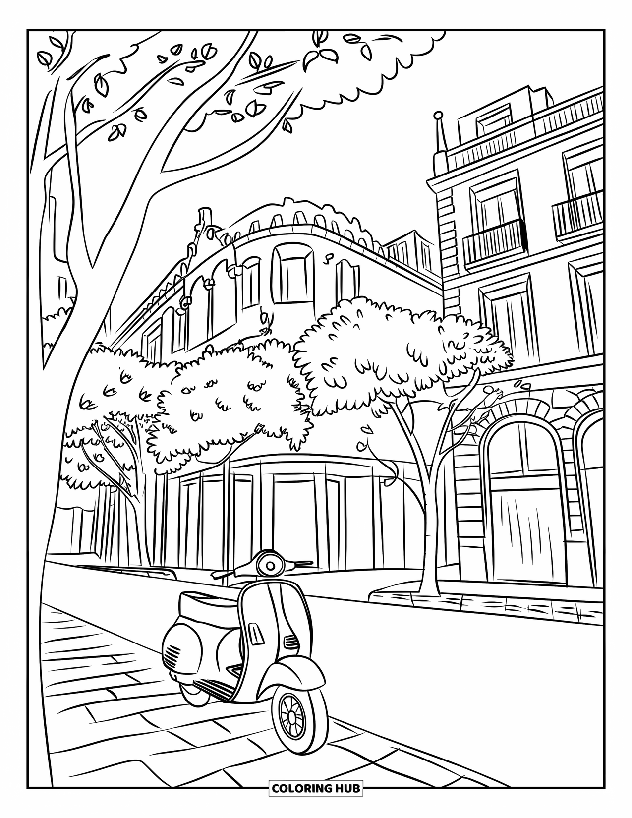 Barcelona Coloring Page for Kids: Scooters line the curb on a street full of charm