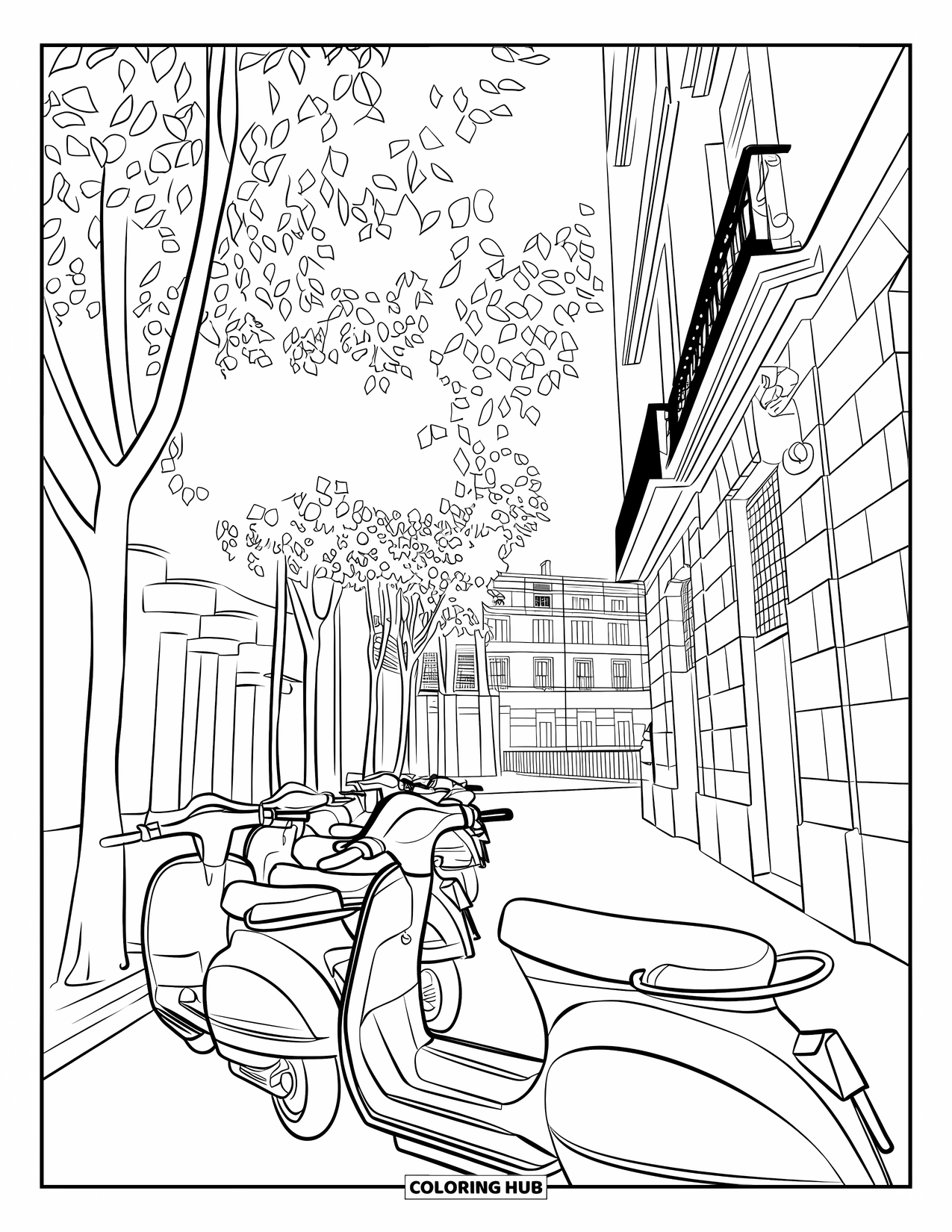 Barcelona Coloring Page for Kids: Scooters, trees, and buildings form a cozy Barcelona city street