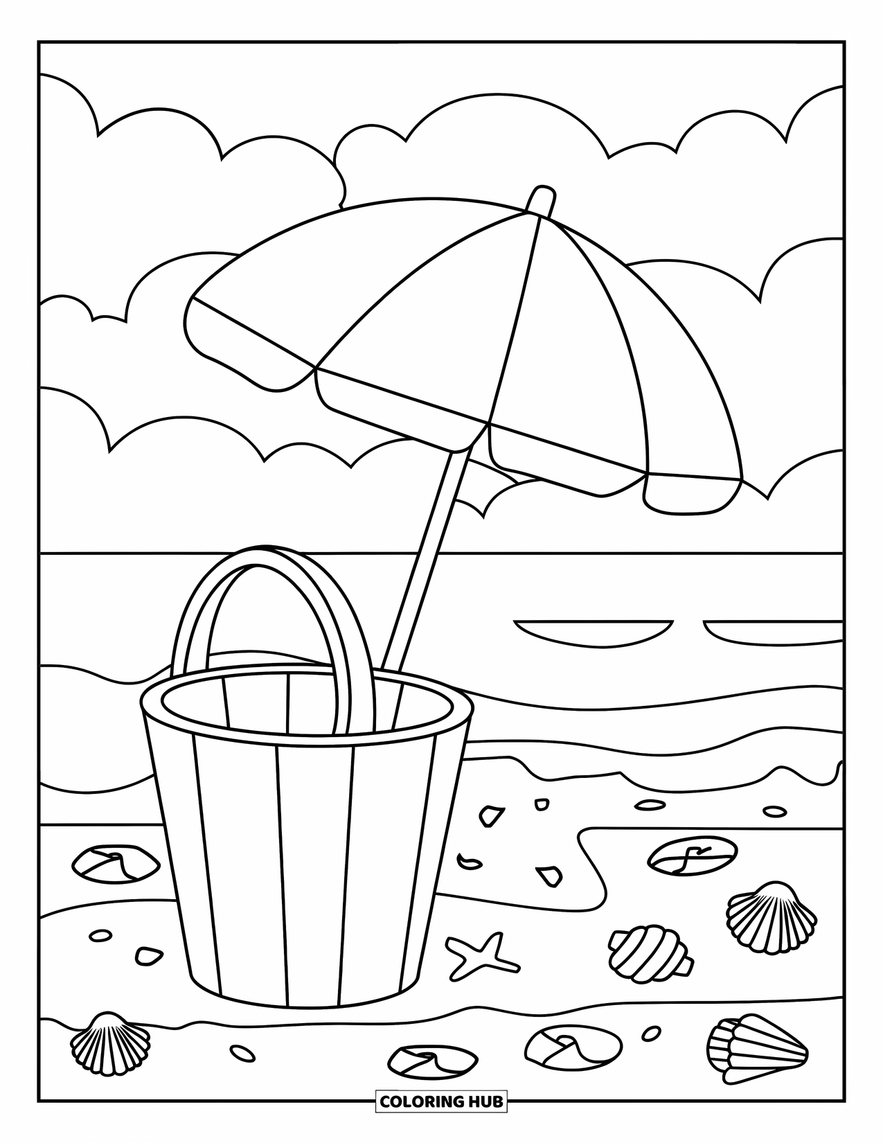 Barcelona Coloring Page for Kids: Simple beach scene with clear sky, big umbrella, and cute shells