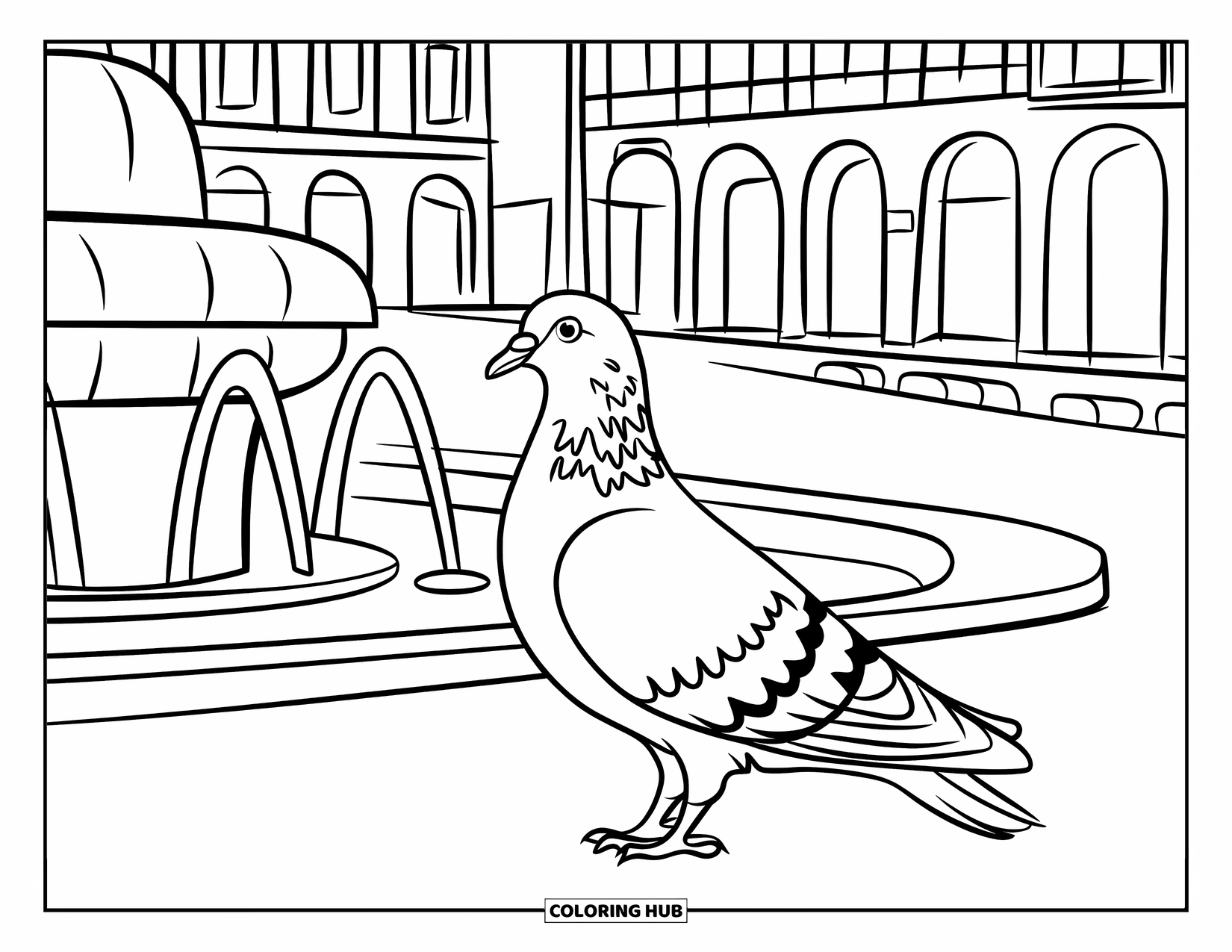 Barcelona Coloring Page for Kids: Simple fountain with pigeon and arches in the background