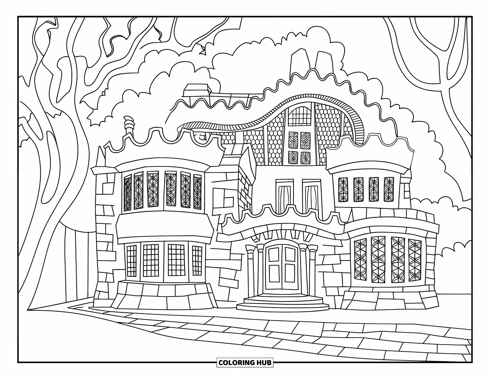Barcelona Coloring Page for Kids: Stone house with curved windows and leafy trees nearby